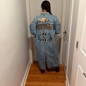 Vintage Pioneer Sierra West Oversized Denim Duster Coat - Aztec Motif